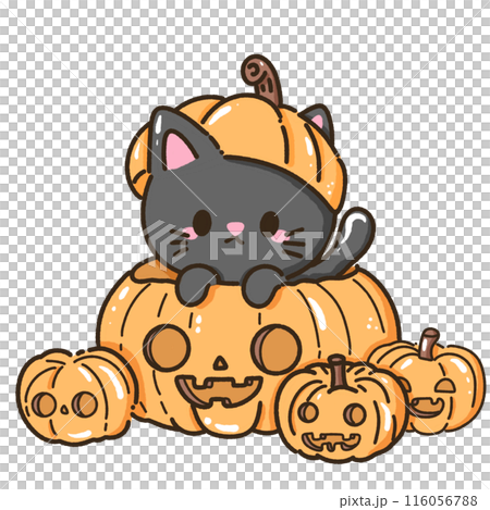 Hand drawn illustration kawaii black cat halloween themed poking up from a giant pumpkin jack o lantern Hand drawn illustration kawaii black cat halloween themed poking up from a giant pumpkin jack o lantern 116056788