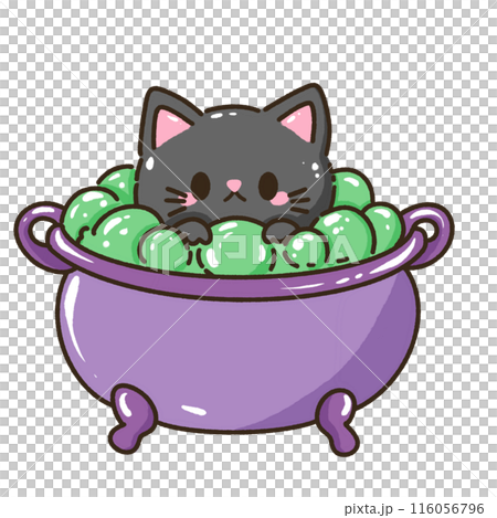 Hand drawn illustration kawaii black cat halloween themed taking a bubble bath in a witch's cauldron Hand drawn illustration kawaii black cat halloween themed taking a bubble bath in a witch's cauldron 116056796