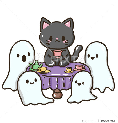 Hand drawn illustration kawaii black cat halloween themed having tea party with ghosts 116056798