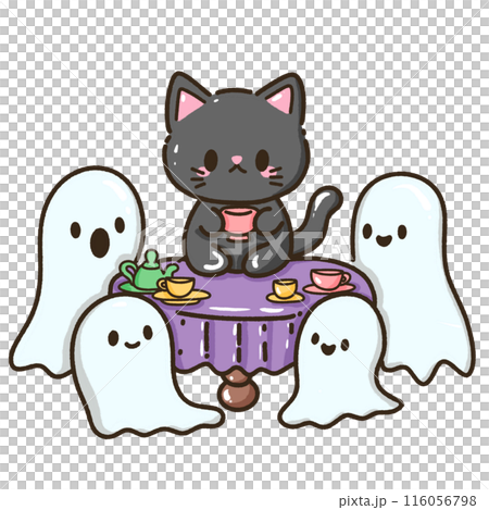 Hand drawn illustration kawaii black cat halloween themed having tea party with ghosts 116056798