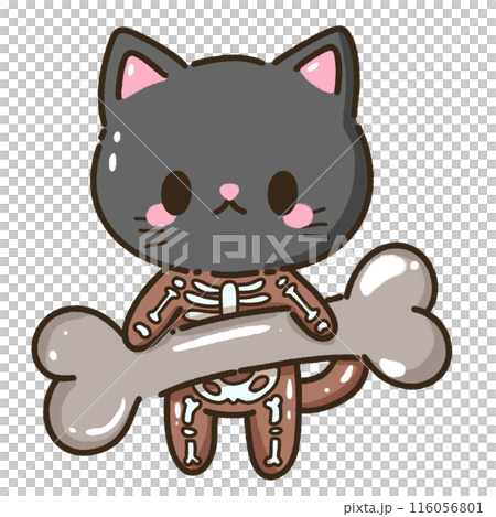 Hand drawn illustration kawaii black cat Halloween themed dressed as a skeleton holding a giant bone Hand drawn illustration kawaii black cat Halloween themed dressed as a skeleton holding a giant bone 116056801