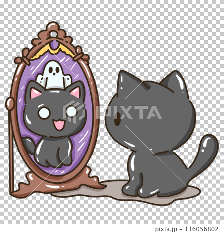 Hand drawn illustration kawaii black cat halloween themed looking at itself in the mirror seeing a little ghost Hand drawn illustration kawaii black cat halloween themed looking at itself in the mirror seeing a little ghost 116056802