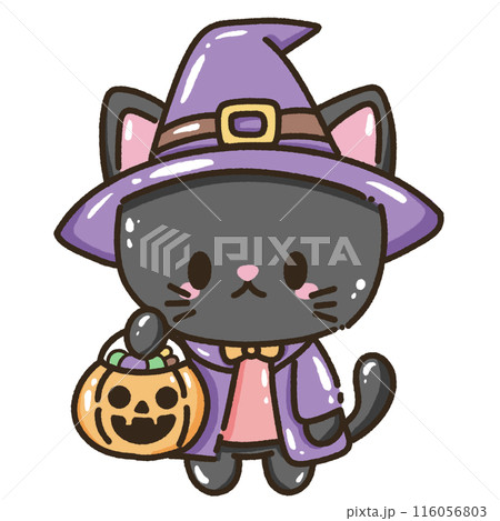 Hand drawn illustration kawaii black cat halloween themed dressed a witch holding a pumpkin basket with candies 116056803