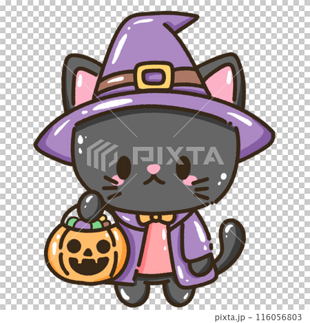 Hand drawn illustration kawaii black cat halloween themed dressed a witch holding a pumpkin basket with candies 116056803