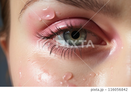 Drops of water on a young girl's face. Natural makeup effect of wet skin. Beautiful woman eye close-up. Concept of youth and beauty Drops of water on a young girl's face. Natural makeup effect of wet skin. Beautiful woman eye close-up. Concept of youth and beauty 116056842