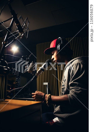 A black male singer is recording vocals in a music studio using a microphone and wearing headphones. The rap artist is recording a new album A black male singer is recording vocals in a music studio using a microphone and wearing headphones. The rap artist is recording a new album 116056879
