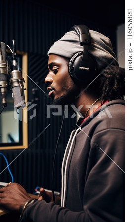 A black male singer is recording vocals in a music studio using a microphone and wearing headphones. The rap artist is recording a new album A black male singer is recording vocals in a music studio using a microphone and wearing headphones. The rap artist is recording a new album 116056881