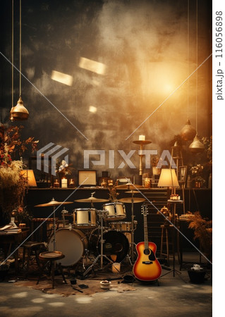 The room is filled with musical instruments including a drum set and guitars. 116056898