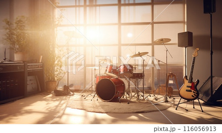 A sunlit Music studio with is fully set up with a drum set, guitars, and sound equipment, all ready for playing, recording gear, soundproof room for creative performances 116056913