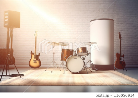 Music studio with is fully set up with a drum set, guitars, and sound equipment, all ready for playing, recording gear, soundproof room for creative performances Music studio with is fully set up with a drum set, guitars, and sound equipment, all ready for playing, recording gear, soundproof room for creative performances 116056914