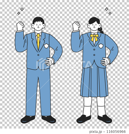 A full-body set of male and female students in uniforms making a guts pose with a positive and powerful expression 116056966