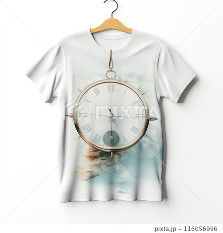White T-shirt with a clock print isolated on white background. White T-shirt with a clock print isolated on white background. 116056996