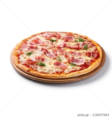 Delicious pizza served on wooden plate isolated on white Delicious pizza served on wooden plate isolated on white 116057063