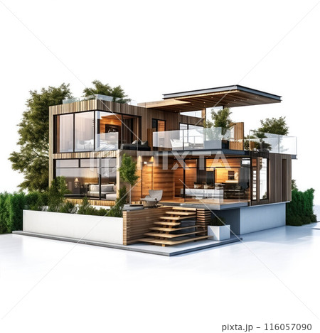 Modern luxury cottage isolated on white background. Stylish architecture concept. Private villa 116057090