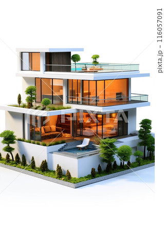 Modern luxury cottage isolated on white background. Stylish architecture concept. Private villa Modern luxury cottage isolated on white background. Stylish architecture concept. Private villa 116057091