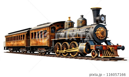 A old rusty train on tracks, rolling on a white background A old rusty train on tracks, rolling on a white background 116057166