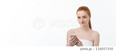 portrait of beautiful girl with phone conversation. Isolated on light white background 116057350