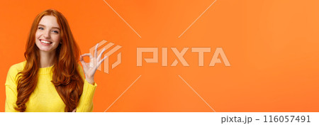 Satisfied consumer recommends product. Cute cheerful feminine redhead woman with pretty smile, showing okay gesture, like, agree or approve something, giving positive feedback, orange background Satisfied consumer recommends product. Cute cheerful feminine redhead woman with pretty smile, showing okay gesture, like, agree or approve something, giving positive feedback, orange background 116057491