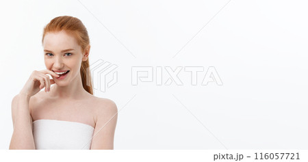 Happy beautiful girl is happy smiling and laughing look stright . Expressive facial expressions .Cosmetology and Spa , skin care model Happy beautiful girl is happy smiling and laughing look stright . Expressive facial expressions .Cosmetology and Spa , skin care model 116057721