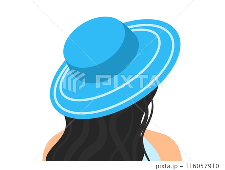 Close-up Woman half sideways in blue Summer Hat. Design element for background, card, post, banner, flyer, sale. Flat vector illustration. 116057910