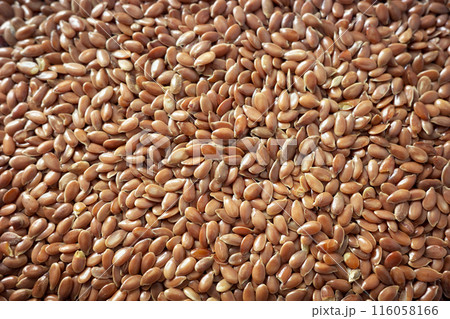 Close up photo of flax seeds, selective focus. 116058166