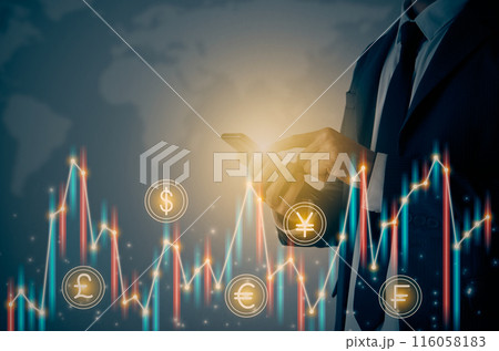 Businessman Hand and Finger Touch Mobile Phone and Color Stock Graph and Money Currency Vintage Tone 116058183