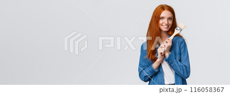 Creative pretty redhead female in denim shirt, creating new art, painting, making repair works in own room, holding paintbrush and smiling tempting, standing white background Creative pretty redhead female in denim shirt, creating new art, painting, making repair works in own room, holding paintbrush and smiling tempting, standing white background 116058367
