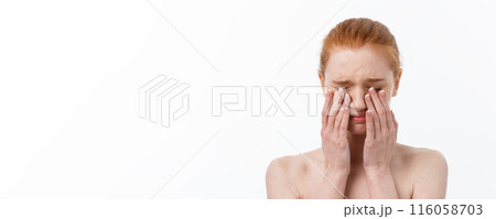 Portrait sad serious young woman with disappointed facial expression.. isolated on white background, looking at camera Portrait sad serious young woman with disappointed facial expression.. isolated on white background, looking at camera 116058703