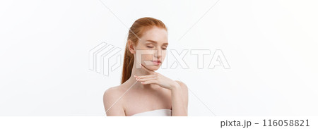 Beauty Woman. Beautiful Young Female touching Her Skin. Portrait isolated on White Background. Healthcare. Perfect Skin. Beauty Face Beauty Woman. Beautiful Young Female touching Her Skin. Portrait isolated on White Background. Healthcare. Perfect Skin. Beauty Face 116058821
