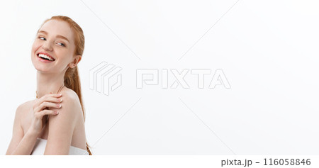 Happy beautiful girl is happy smiling and laughing look stright . Expressive facial expressions .Cosmetology and Spa , skin care model 116058846