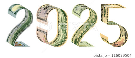 The inscription 2025 made of 100, 50, 20, 10 dollar banknotes 3D rendering The inscription 2025 made of 100, 50, 20, 10 dollar banknotes 3D rendering 116059504