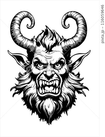 Krampus. Christmas character, antipode of Santa Claus. Folklore horned devil. Vector black and white isolated illustration Krampus. Christmas character, antipode of Santa Claus. Folklore horned devil. Vector black and white isolated illustration 116059646