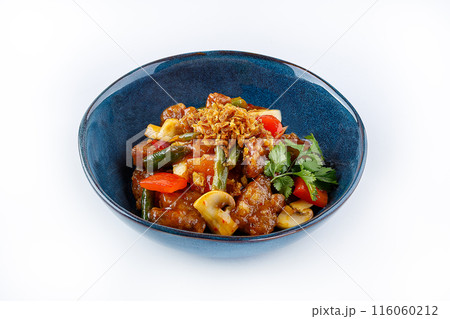 plate of pork and vegetables in sweet and sour sauce isolated on white background, top view plate of pork and vegetables in sweet and sour sauce isolated on white background, top view 116060212