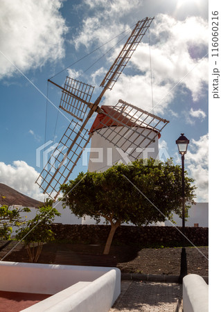 Traditional windmill in a park, Teguise, Lanzarote, Spain 116060216