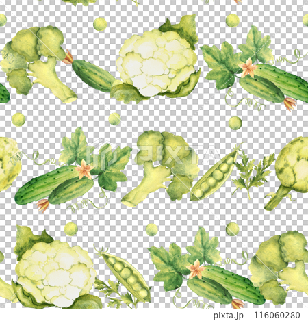 Green Vegetables Watercolor Seamless Pattern with Peas, Broccoli, Cauliflower and Cucumbers, Parsley plant and Artichoke on a white background. Can be used for kitchen textile prints, product 116060280