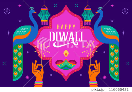 Diwali festival poster, Diwali Sale banner, Diwali background design with lights, peacock, lanterns 116060421
