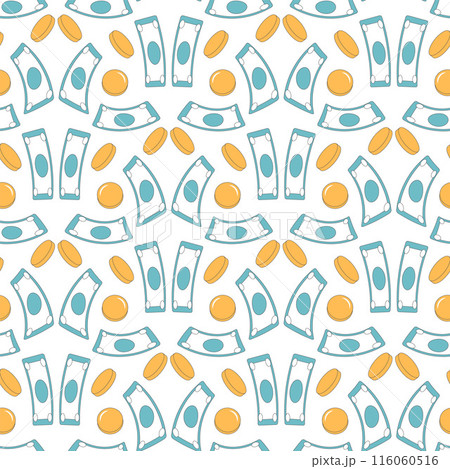 Money seamless pattern. Coins and notes forming a repeatable pattern. Vector outline background illustration. 116060516