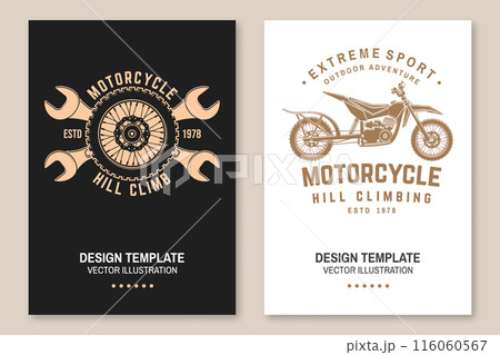Motorcycle hill climb posters. Vector. Extreme sport template with motorcycle, wheel and wrenches. 116060567