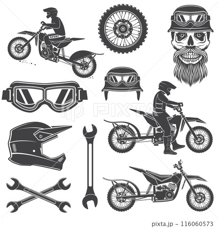 Black and white icons for sport motorcycle hill climb. Vector. 116060573