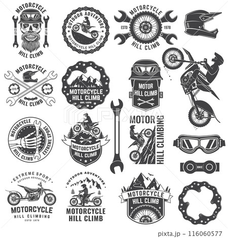 Set of motorcycle hill climb logos, badges, stickers. Vector. Extreme sport with motorcycle helmet, skull, glasses, bike, mountain and wrenches. Monochrome style Set of motorcycle hill climb logos, badges, stickers. Vector. Extreme sport with motorcycle helmet, skull, glasses, bike, mountain and wrenches. Monochrome style 116060577
