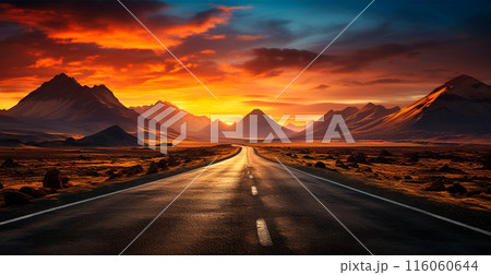 Asphalt road stretching into the distance, mountain sunset - AI generated image Asphalt road stretching into the distance, mountain sunset - AI generated image 116060644