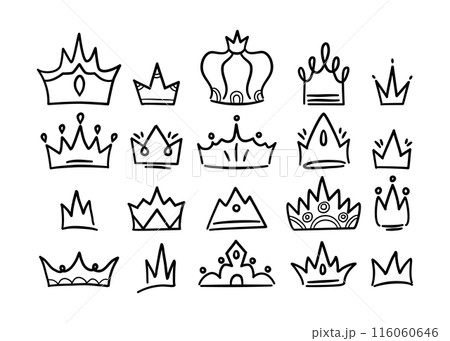 Sketch crown. Simple graffiti crowning, elegant queen or king crowns hand drawn. Royal imperial coronation symbols, monarch majestic jewel tiara isolated icons vector illustration set Sketch crown. Simple graffiti crowning, elegant queen or king crowns hand drawn. Royal imperial coronation symbols, monarch majestic jewel tiara isolated icons vector illustration set 116060646