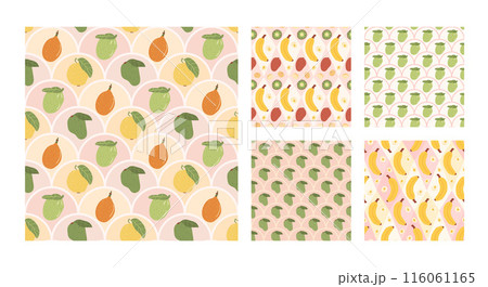 Tropical fruits seamless patterns collection. Y2k exotic endless background set. Banana, guava and papaya repeat covers. Vector flat hand drawn illustration. 116061165
