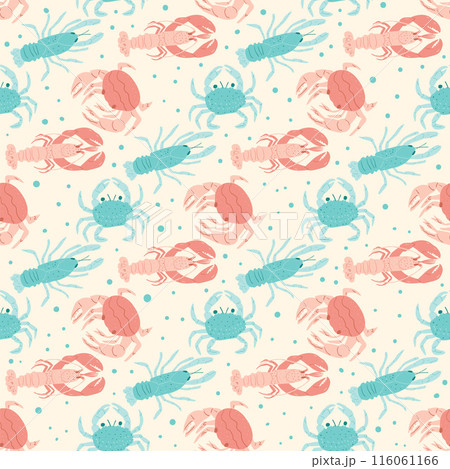 Crustaceans seamless pattern. Underwater world endless background. Lobster, crabs and crayfish. Vector hand drawn flat illustration. Crustaceans seamless pattern. Underwater world endless background. Lobster, crabs and crayfish. Vector hand drawn flat illustration. 116061166
