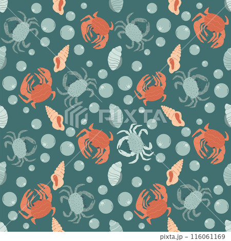 Seamless pattern with Crustaceans. Crabs with shells and bubbles repeat cover backdrop. Underwater sea life dark endless background. Vector hand drawn flat illustration. Seamless pattern with Crustaceans. Crabs with shells and bubbles repeat cover backdrop. Underwater sea life dark endless background. Vector hand drawn flat illustration. 116061169