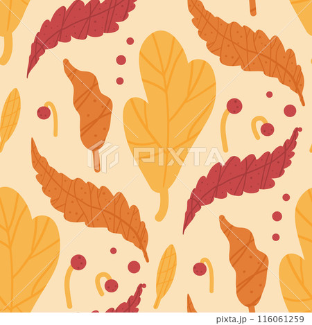 Autumn leaves seamless pattern. Fall forest repeat background. Sweater weather endless cover. Vector hand drawn flat illustration. Autumn leaves seamless pattern. Fall forest repeat background. Sweater weather endless cover. Vector hand drawn flat illustration. 116061259