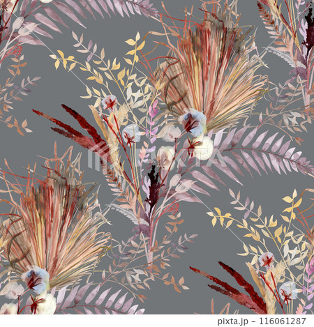 Seamless watercolor pattern with tropical branches of dry palm branches and fern leaves in boho style 116061287