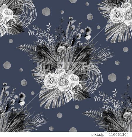Watercolor vintage black and white seamless pattern with a herbarium of white rose flowers and tropical palm leaves Watercolor vintage black and white seamless pattern with a herbarium of white rose flowers and tropical palm leaves 116061304
