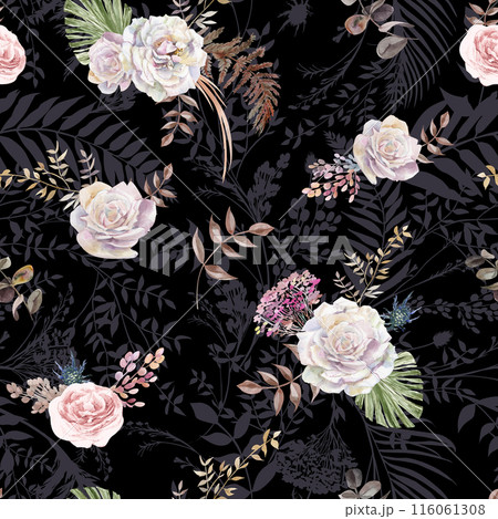 Seamless watercolor pattern with a flowers of roses and tropical herbarium Seamless watercolor pattern with a flowers of roses and tropical herbarium 116061308