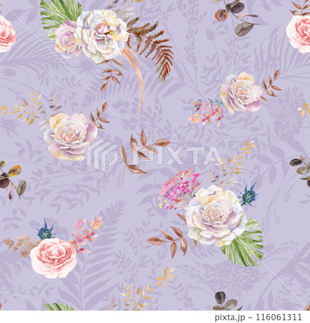 Seamless watercolor pattern with a flowers of roses and tropical herbarium 116061311
